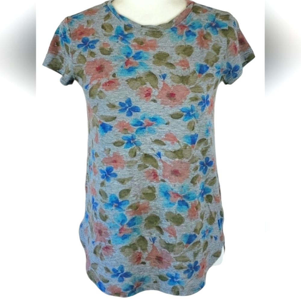 Anthropologie Postmark Gray Floral Short Sleeve Tee Top
